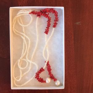 Seed pearl and red coral lanyard necklace